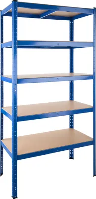 A blue metal shelving unit with five wooden shelves against a white background.