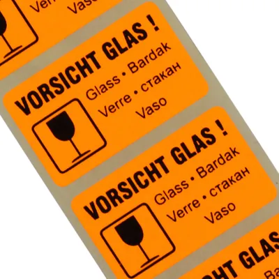 Produktbild von 500 Stück Etiketten Vorsicht Glas zerbrechlich 5-sprachig Haftpapier 38 x 23 mm
