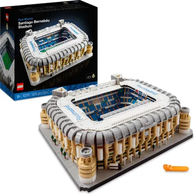 Produktbild von LEGO Icons Real Madrid Santiago Bernabéu Stadion Modellbausatz für Erwachsene 10299, 5876 Teile, 14 cm hoch, 44 cm breit, 38 cm tief, teilbar, Dach abnehmbar, inklusive baubarem Bus, mit zweiteiligem Bildband und Bauanleitung, Drittes Modell der LEGO Fußballstadien-Reihe