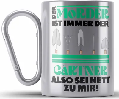 Produktbild von Trendation - Gärtner Edelstahl Tasse Karabiner mit Spruch Garten Hobbygärtner Geschenk Lustig Gärtnerin Geschenkidee (Silber)