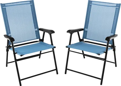 Two blue folding chairs with black frames are shown against a white background.