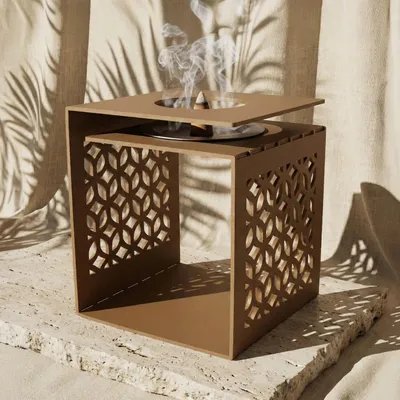 Produktbild von Geometric Fretwork Metal Mabkhara Räuchergefäß, Modernes Design, Kupfer