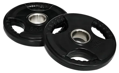 Produktbild von Hantelscheibe 2er-Set 5 kg pro Scheibe 3 Griffe Gummimantel 50 mm Bohrung Ø 24 x 3,5 cm
