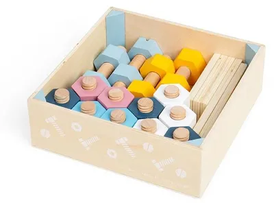 Produktbild von Set mit 20 Holzschrauben und -muttern in einer Kiste