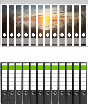Produktbild von Wallario 12 Stück schmale Ordner inkl. Klebeetiketten mit Motive Sonnenuntergang am Strand -  Set mit Rückenschildern / Ordnerrücken Stickern
