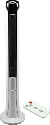 A white and silver tower fan with a black grille and a remote control.