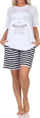 Produktbild von Normann Damen kurzarm Schlafanzug Shorty Pyjama in Katzen Optik – auch in Übergrößen ; weiß , 52