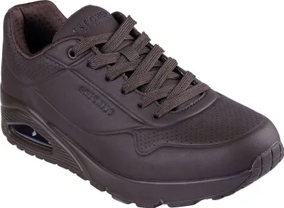 A single brown Skechers Uno Stand On Air sneaker is shown from a side-angle on a white background.
