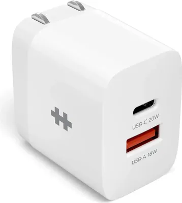 Image de Hyper HyperJuice Chargeur mural 2 ports (20W) – Charge rapide pour tout appareil USB-C – Prise murale US intégrée et pliable – Protection contre les surintensités et les surchauffes - Blanc