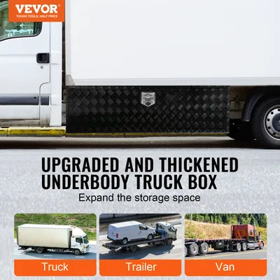 Produktbild von VEVOR, Werkzeugkasten, Aluminiumlegierung, 1524x432x457mm, abschließbar, 50kg Tragkraft, versteckte Scharniere, 85° Öffnungswinkel, T-Griff, für Lkw/Pickup Unterbodenmontage