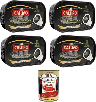 Produktbild von Callipo Filetti di Ventresca di Tonno all'olio di oliva Thunfischbauchfilets in Olivenöl 4x125gr + Italian Gourmet polpa 400g
