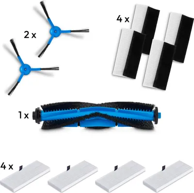 A collection of robot vacuum cleaner accessories, including brushes, filters, and a main roller brush, laid out on a white background.