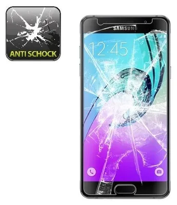 A Samsung smartphone with a cracked screen, next to a square graphic with the text 'ANTI SCHOCK'.