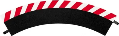 A single curved track piece with red and white diagonal stripes on the outer edge.