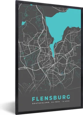 Produktbild von MuchoWow® Gerahmtes Poster Stadtplan - Karte - Deutschland - Blau - Flensburg - Karte 40x60 cm - Poster mit Schwarzem Bilderrahmen Wandposter Rahmen Foto Bilder - Papierdruck - Wandbilder