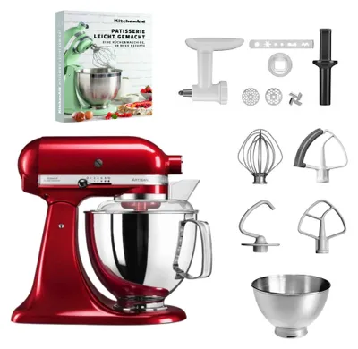 Produktbild von KitchenAid 4,8 L 5KSM175 Artisan Küchenmaschine Pastrylover mit Kunststofffleischwolf+Spritzgebäckvorsatz und Patisserie Buch Liebesapfelrot