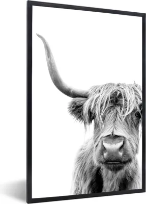 Produktbild von MuchoWow® Gerahmtes Poster Schottischer Highlander - Tiere - Schwarz - Weiß 60x90 cm - Poster mit Schwarzem Bilderrahmen Wandposter Rahmen Foto Bilder - Kunst