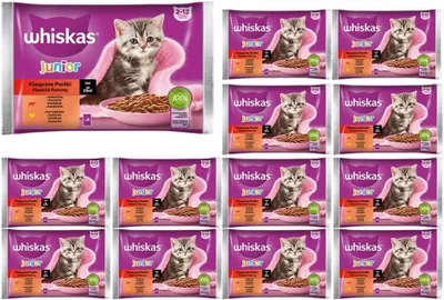 Produktbild von Whiskas Junior Katzennassfutter Klassische Auswahl in Sauce mit Rindfleisch und Huhn, 52 Portionsbeutel, 13x4x85g
