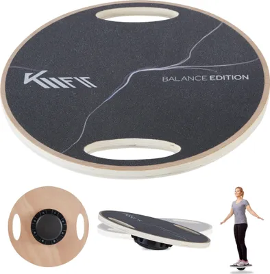 Produktbild von KM-Fit Balance Board round | dřevěný terapeutický gyroskop | balanční trenažér s držadly pro vnitřní použití, houpací deska pro koordinační trénink