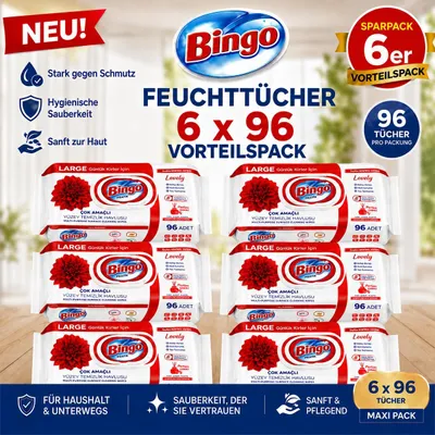 Zdjęcie produktu dla Chusteczki nawilżane 6 x 96 sztuk Lovely – 576 chusteczek do użytku domowego, w kuchni, łazience, toalecie, do czyszczenia powierzchni, mebli i codziennych zadań – nawilżane, wielofunkcyjne chusteczki w ekonomicznym opakowaniu Bingo