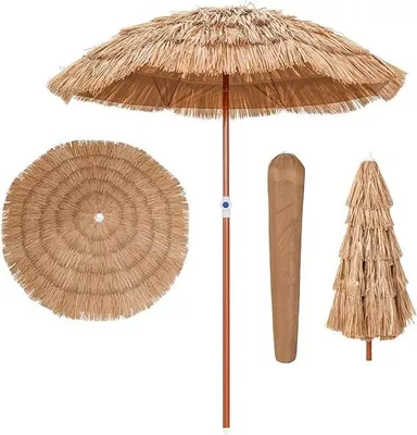 Produktbild von Ø175cm Hawaii Sonnenschirm, höhenverstellbarer & neigbarer Strandschirm mit Sonnenschutz, Tropischer Strohschirm mit 8 Rippen & Tragetasche