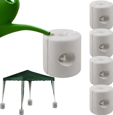 A green watering can pouring water into a white base for a gazebo, with a green gazebo and four weighted bases shown in the background.