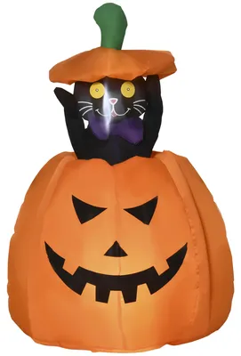 Produktbild von Outsunny 115 cm Halloween Aufblasbar Kürbisgeist mit beweglicher Katze mit LED