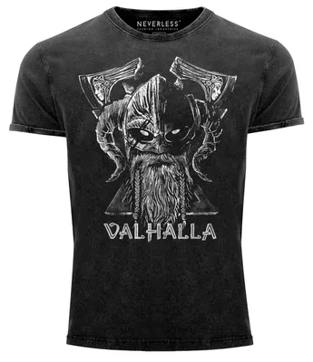 Produktbild von Herren Vintage Shirt Bedruckt Valhalla Wikinger Odin Wotan Axt Printshirt T-Shirt Aufdruck Used Look Neverless® schwarz XL