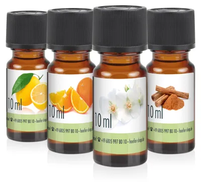 Produktbild von Duftöl Set / Aromaöl mit 4 Düften - Zitrone, Orange, Jasmin, Zimt; je 10ml