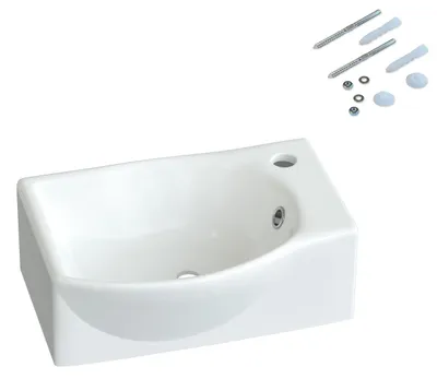 Produktbild von Waschbecken Wandmontage weiß eckig-oval 40,5x28x12 cm Keramik-Hängewaschbecken mit Hahnloch(rechts) und Überlauf für Kleinbad Gäste-WC