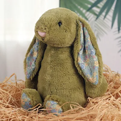 Image de Lapin en peluche de 40 cm – Doux lapin de Pâques, peluche avec des oreilles en forme de fleurs, idéal comme doudou pour les enfants, couleur verte