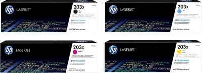 Four HP LaserJet 203X toner cartridges are displayed in a collage.