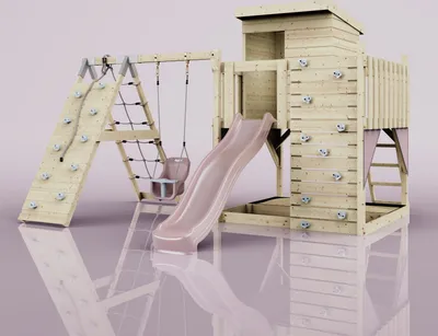 Produktbild von OutdoorToys Spielturm Freja aus Holz in Rosa Altrosa, mit Babyschaukel