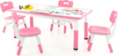 Produktbild von DREAMADE Kindergraffititisch und 4 Stühle Set, Multifunktionales Kleinkinder-Schreibtisch- und Stuhlset für 4 Kinder mit Graffititischplatte(pink)