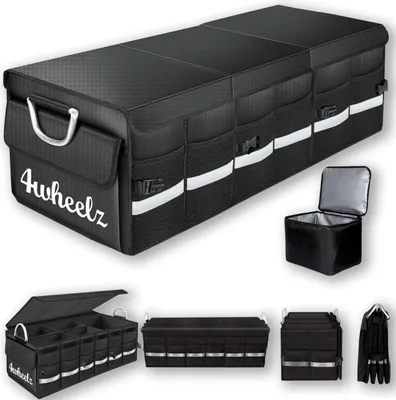 A collage of images showing a black car trunk organizer and its accessories.