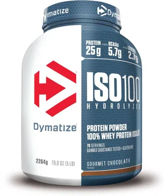 Produktbild von Dymatize ISO 100, Pulver, Hydrolisiertes Molkenprotein, Molkenprotein isoliert, Schokolade, L-Alanin, L-Arginin, L-Asparaginsäure, L-Cystein, L-Glutaminsäure, L-Glycin, L-Histidin,..., Hydrolized whey protein isolate (milk) (47%), whey protein isolate (milk) (43%), fat reduced cocoa..., 25 g