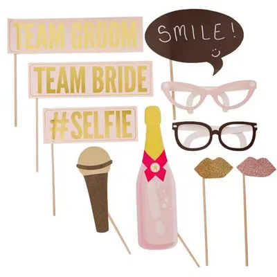 Produktbild von Photo Booth Set 10 tlg. Hochzeit JGA 'Pastell Party' - rosa & gold