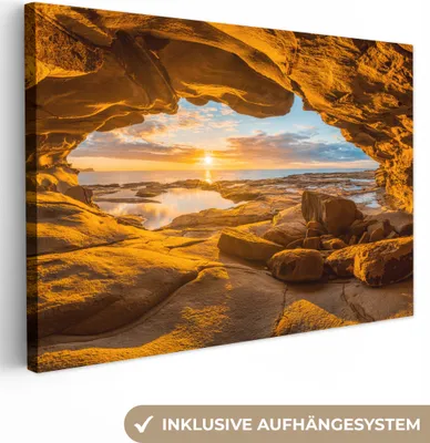 Produktbild von MuchoWow® - Leinwandbilder - Höhle - Meer - Horizont - Sonnenuntergang, Wandbild, Wanddeko Bilder Wohnzimmer, 90x60 cm