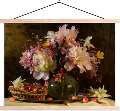 Produktbild von MuchoWow® Textilposter Blumen - Korb - Obst 40x30 cm mit holzfarbenen Rahmen - Bilder