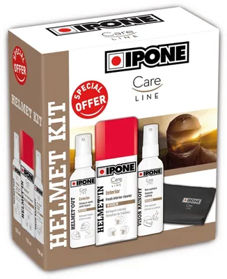 A product box for a helmet care kit.