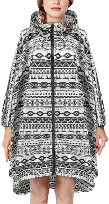 Productafbeelding van S&Dshopline® Buitenregenkleding: Lichtgewicht regenjas dames, waterdichte regenjas heren, met rits en capuchon. Lichtgewicht, modieuze poncho - Zwart met dierenprint