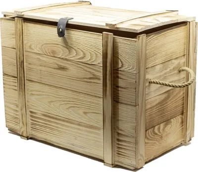 A wooden crate with a rope handle and metal latch, shown against a white background.
