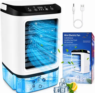 Produktbild von 4 in 1 Mini Klimaanlage,Tragbare Luftkühler mit 900ml Wassertank und Eisfach,3 Geschwindigkeiten,Boost-Modus,Doppelnebelspray,7 Farblichtern,Leise