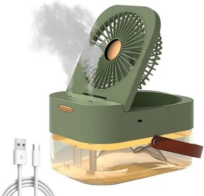 Image de Ventilateur de bureau 3-en-1 – Ventilateur USB rechargeable avec humidificateur et veilleuse – Batterie 1200 mAh – 3 vitesses – 2,5 L – Barre de recharge USB pour bureaux, vert