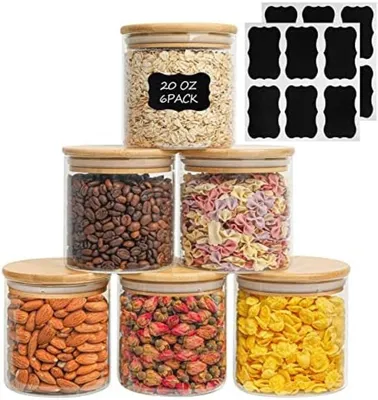 Produktbild von PolkaHome® 600ml luftdichte Glasvorratsdosen Set mit 6 Bambusdeckeln – transparente Küchengläser für Lebensmittel