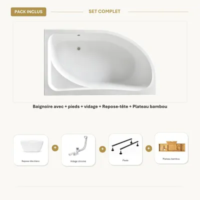 Produktbild von Weiße, asymmetrische, linksseitig zu öffnende Einbaubadewanne 130 x 90 cm mit verchromtem Ablauf, Füßen, Kopfstütze und Bambusablage - CALMA