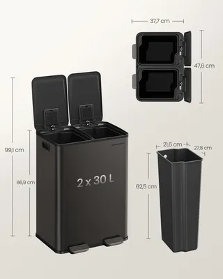 Obrázek produktu pro Kuchyňský odpadkový koš, 2 x 30 litrů, 2 přihrádky, odpadkový koš, pedálový koš, víko s měkkým zavíráním, nerezová ocel, břidlicově šedá barva