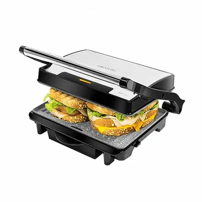 Image de Grill électrique de table et appareil à sandwich avec revêtement RockStone en pierre, plaque supérieure réglable en hauteur, bac récupérateur de graisse et puissance de 1500 W.