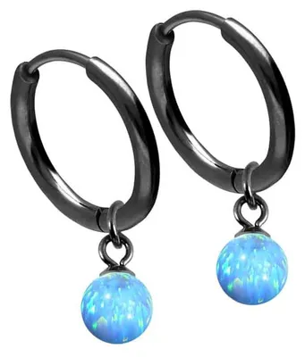 Produktbild von Chirurgenstahl Ohrclicker Creolen SYNTHETISCHER OPAL Farbe: Schwarz + Opal: Hellblau Innendurchmesser: 10 mm