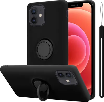 A black phone case with a ring holder for an iPhone 12 Mini is shown from multiple angles.